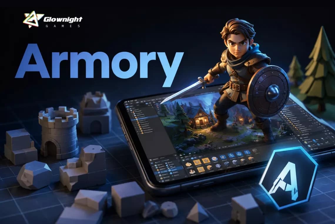 Armory — a character and low-poly level assembled in the editor on a tablet