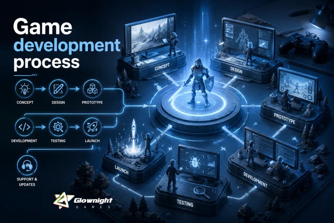 The game development process — concept, design, prototype, development, testing, launch, and support and updates